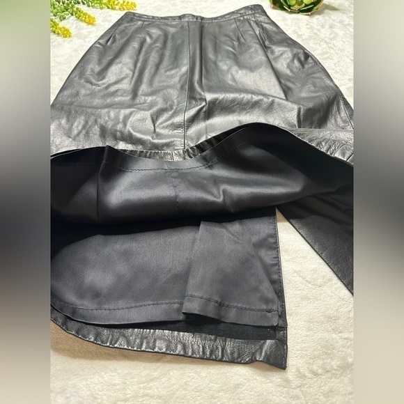 Vintage 1980s 80s Siena Black 100% Leather Midi Length Pencil Skirt Womens 8 - Picture 8 of 12